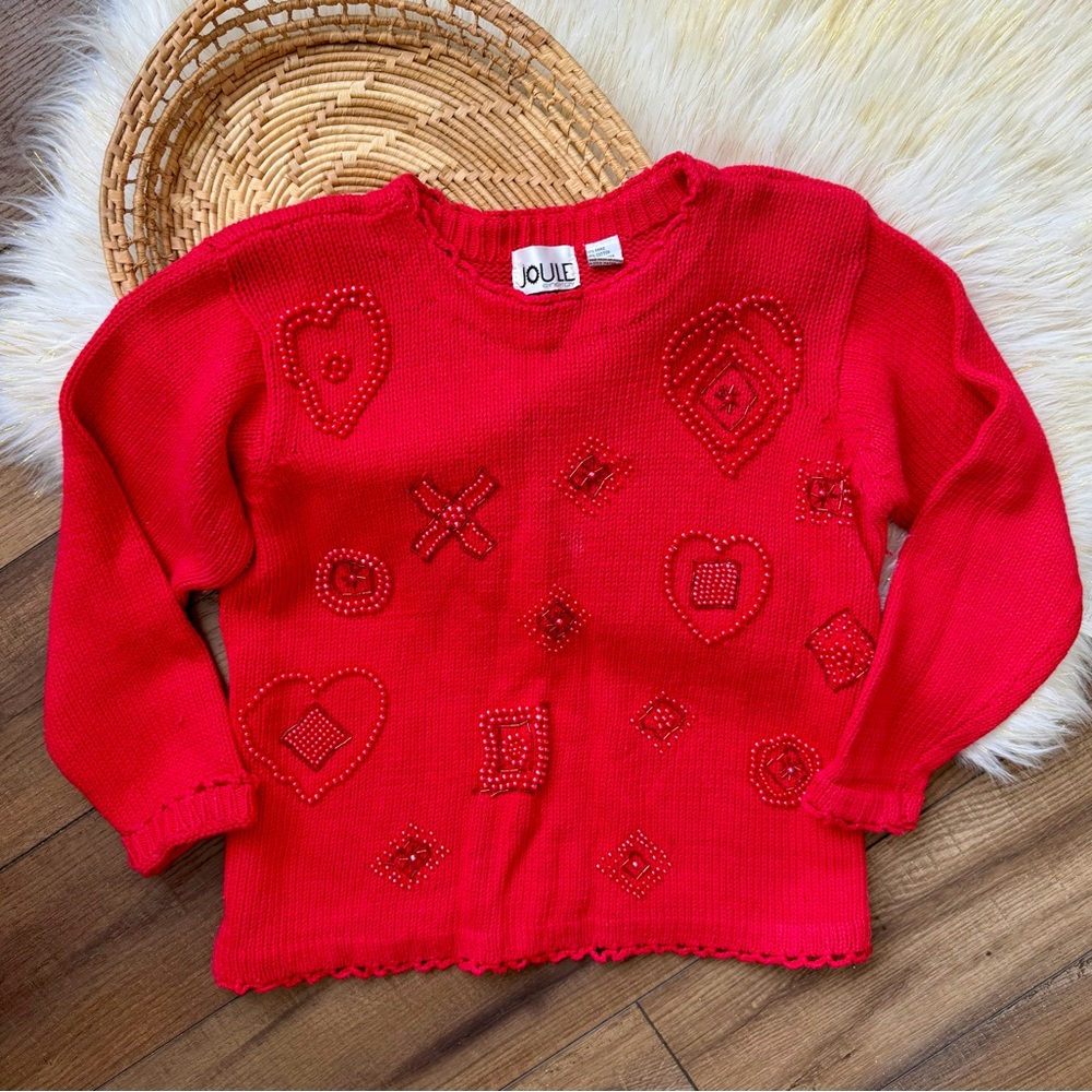Joule Energy Red Beaded Heart Vintage Sweater Size Small